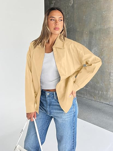 Women's Beige Bomber Jacket Full Sleeve Turn-down Collar Zipper Closure Autumn Style Solid Color Woven Polyester - Product Image 4