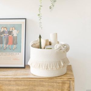 Cesta de Almacenamiento Pequeña de Cuerda de Algodón Tejida con Borla, Cesto Decorativo para Guardar Pañales, Mantas, Revistas y Llaves - Product Image 3