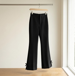 ODM OEM Women's High Waist Flared Pants Side <b>Split</b> Hem Bow Accent Black <b>Trousers</b> Elegant Anti-Wrinkle Zipper Fly Polyester - Product Image 5