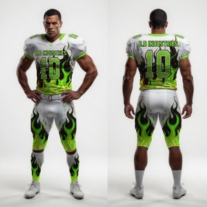 High Quality Custom White Green Flame Printed Short American Football Uniform Set Jersey <b>Pants</b> Number 10 B.B Industries Team - Product Image 1