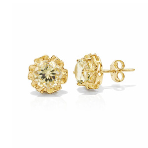 Pendientes de botón de plata de ley 925 con diseño de flor tallada en aguamarina amarilla, chapados en oro de rodio, de Ishime Jewels - Product Image 1
