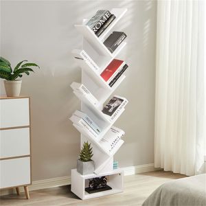 Libreria Moderna Bianca con 10 Ripiani e Cassetto Pieghevole in Tessuto - Design Angolare Salvaspazio - Product Image 3