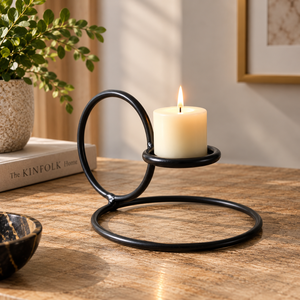 Porte-bougie contemporain en métal noir |   Support de bougie de table à poignée ronde pour salon, salle à manger, décoration de la maison, cadeau décoratif - Product Image 3