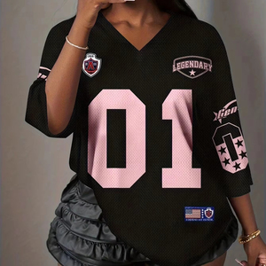 Summer New Street Style Retro 01 Print <b>Women</b> T-Shirt V-Neck Short Sleeve Sports Football Jersey Y2K Loose Oversize <b>Tops</b> Tee - Product Image 1