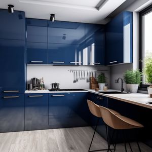 Juego de Gabinetes de Cocina de Madera Azul Oscuro con Acabado Brillante, Estándar E0, con Isla, para Proyectos de Villas, Fácil de Limpiar - Product Image 1