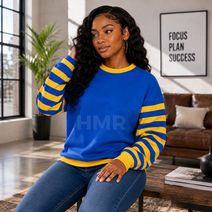 Sweat-shirt à col rond bleu HMR Sorority Sisterhood avec manches rayées jaunes, tricoté décontracté à manches longues, vêtement Sorority Sisterhood - Product Image 4