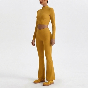 <b>Women</b> Workout Set Long Sleeve Stand Collar Crop Top High Waist <b>Flare</b> <b>Leggings</b> Stretch Sportswear Fitness Apparel - Product Image 2