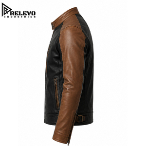 Chaqueta de Cuero Auténtico de Dos Tonos para Hombre, Chaqueta de Motero en Negro y Marrón con Cuello de Broches, Cualquier Color/Diseño - Product Image 3