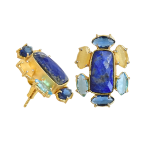 Boucles d'oreilles en laiton plaqué or avec lapis-lazuli, clous d'oreilles floraux imposants, lot en gros - Product Image 3