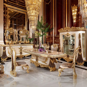 High End European Classic Turkey Royal Style Dining <b>Table</b> Set Solid Mahogany Luxury Golden Hand-Carved <b>Buffet</b> and Cabinet - Product Image 1