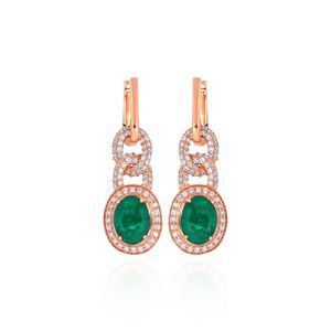 18K Rose Gold Emerald Oval Cut <b>Dangle</b> <b>Earrings</b> with Round Cut Lab Grown <b>Diamond</b> Halo Geometric Link Design Luxury Jewelry - Product Image 1