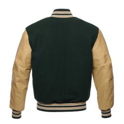 Veste de baseball verte pour homme avec manches en cuir PU noir, coupe classique, boutons-pression et style universitaire - Product Image 6