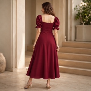 Vestido Maxi Elegante Color Borgoña para Mujer con Cuello Cuadrado y Mangas Abullonadas |   Vestido de fiesta casual con escote fruncido y corte en A para la noche - Product Image 4