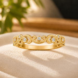 Anillo de media eternidad de moissanita para mujer, corte brillante redondo, banda floral con diamantes, chapado en oro blanco de 10K, anillo de boda para mujer - Product Image 2