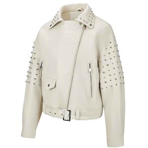 Women Studded Leather <b>Jacket</b> Black Biker Motorcycle <b>Punk</b> Style Genuine PU Leather OEM Custom Wholesale Supplier - Product Image 2