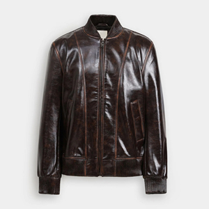 <b>Men's</b> Dark <b>Brown</b> PU <b>Leather</b> Bomber <b>Jacket</b> Glossy Finish Ribbed Trim Casual Streetwear Winter Outerwear Solid <b>Leather</b> <b>Jackets</b> - Product Image 4