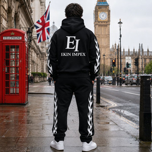 Custom Flame Print Hoodie Tracksuit Men Streetwear Fleece Jogger <b>Set</b> - Product Image 4