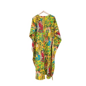 Handmade Indian Folk Art Woven 100% Cotton Floral <b>Kaftan</b> Dress Boho Beach <b>Cover</b>-<b>Up</b> Women's Resort Wear Loose Fit Full-Length - Product Image 3