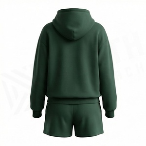 Conjunto de 2 Piezas para Mujer, Sudadera con Capucha y Pantalones Cortos de Felpa, Verde Sólido, Corte Holgado Informal, Transpirable, para Uso Diario - Product Image 2