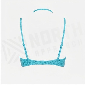 Women's Handmade Crocheted <b>Bikini</b> Top Deep V Neck Hollow Out <b>Blue</b> Cotton Swimwear - Product Image 2