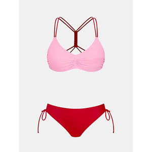Conjuntos de bikini con bloques de color en contraste para mujer, traje de baño deportivo con cuello halter, rosa y rojo, de dos piezas - Product Image 4