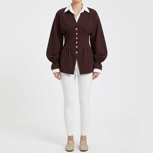 Blue Fox International <b>Women</b> Vintage Burgundy Bomber Jacket <b>Corset</b> Waist Lantern Sleeve Blouse Layered Collar Formal Elegant - Product Image 1
