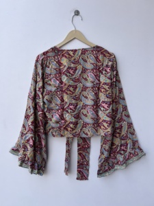 Haut en soie à manches cloche pour femme, court, à nouer, style hippie bohème - Product Image 5