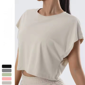Crop top noir pour femme, manches courtes, col rond, tricoté, coupe ample, décontracté, couleur unie, toutes saisons - Product Image 2