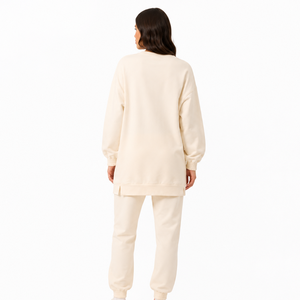 Custom Logo Women Beige Longline Sweatshirt Tapered <b>Joggers</b> Set <b>Oversized</b> Crewneck Tracksuit Two Piece Fleece Activewear Supply - Product Image 2
