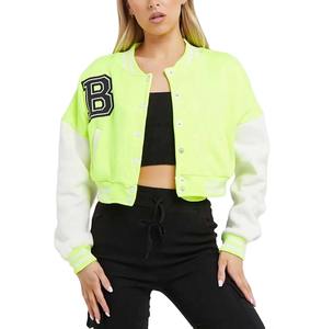 Full Wool Women's Cropped Varsity Jacket Vintage Baseball Style Bomber College Letterman <b>Coat</b> - Product Image 4