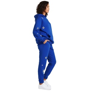 <b>Women</b> Blue Solid 100% Cotton Eco-Friendly Pullover Hoodie Sweatpants Set Long Sleeve Hooded Sweatshirt <b>Jogger</b> Pants Two Piece - Product Image 4