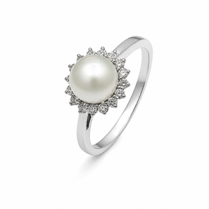 Anillo de compromiso clásico para mujer en plata de ley 925 con perla mate color melocotón y circonitas cúbicas, engaste pavé en forma de flor - Product Image 5