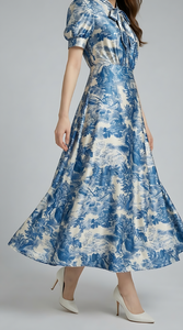Vestido Maxi de Seda Azul Floral Elegante para Mujer, de Alta Calidad, con Manga Corta, Estampado Vintage, para Fiesta o Vacaciones - Product Image 2