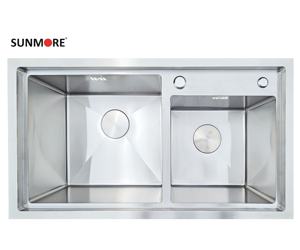 SUNMORE SM-8245 G Évier double en acier inoxydable 304, montage supérieur, fait main, finition satinée brossée, deux trous pour - Product Image 1