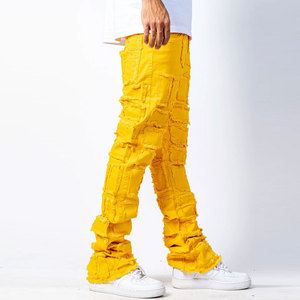 Men's Yellow Ripped Canvas <b>Pants</b> Street Style Distressed Elastic Waist Casual Trousers <b>Summer</b> Fashion Men's Trouser - Product Image 2