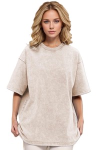 Camiseta de Algodón Lavado Oversize para Mujer, Color Sólido, Corte Holgado, Cuello Redondo, Manga Corta, Estilo Urbano para Primavera/Verano - Product Image 2