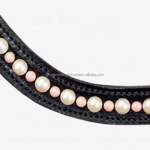 Bande de front de cheval en cuir à canal vide en forme de vague de grain complet incrusté de perles roses et blanches bande de front de chaîne Diamante Bling - Product Image 2