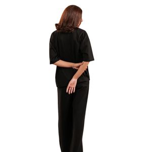 <b>Women</b> <b>Black</b> Two Piece Lounge Set Short Sleeve Oversized Top Wide Leg Pants Casual Homewear Custom Color OEM Apparel Manufacturer - Product Image 3