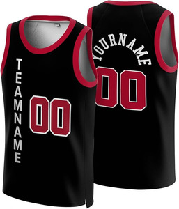 Maillot de basket-ball personnalisé noir et rouge à manches courtes en maille respirante à séchage rapide 100% coton unisexe - Product Image 1