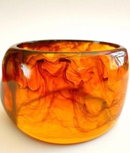 Vintage <b>Resin</b> Bangle Bracelet Orange Marbled Pattern Unisex Fashion Jewelry Acrylic Lucite Style - Product Image 1