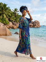 Robe Kaftan de Plage Imprimée Personnalisée pour Femme, Coupe Ample en Rayonne, Soie et Coton, Cache-Maillot Tendance, Fabricant OEM ODM, Tissu Personnalisé