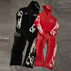 Ensemble de survêtement streetwear unisexe à manches longues avec sweat à capuche zippé et pantalon, broderie lettres, rouge et noir, coupe ample, pour adulte, automne - Product Image 1