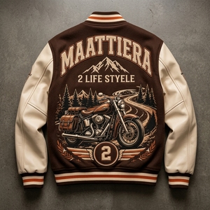 <b>Men</b> Brown Letterman <b>Jacket</b> <b>Cream</b> Leather Sleeves Motorcycle Graphic Embroidered Design Snap Front Ribbed Streetwear - Product Image 5