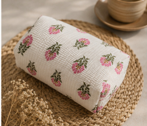 <b>Quilted</b> Cotton Pink Floral Bohemian Multifunction <b>Makeup</b> <b>Bag</b> Indian Printed Cosmetic Pouch Travel Toiletry Organizer Handmade - Product Image 6