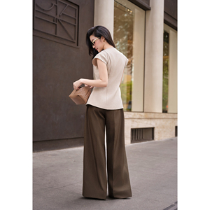 Pantalon de bureau décontracté élégant marron taille haute coupe droite pour femme avec poches à rabat en polyester peigné infroissable - Product Image 3