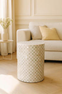 Taburetes Cilíndricos con Diseño de Tablero de Ajedrez Blanco y Verde, Mesa Auxiliar Pequeña de Mosaico Hecha a Mano con Madreperla, Decoración para Sala de Estar y Dormitorio - Product Image 4