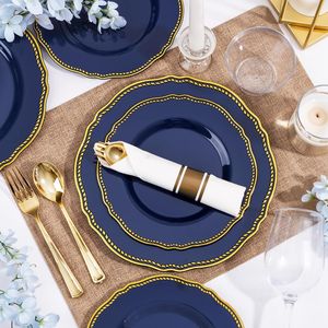 Blue Gold Plastic Plates <b>Dinnerware</b> Set 350pcs Disposable Party Supplies Kits Includes 50 Dinner 50 Dessert 50 Cups - Product Image 6