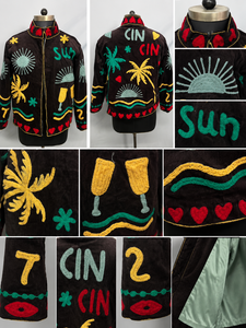 Black Embroidered Vacation <b>Jacket</b> With Sun Palm Tree And Cocktail Motif <b>Mandarin</b> <b>Collar</b> Full Sleeve Zipper Closure Summer Style - Product Image 5