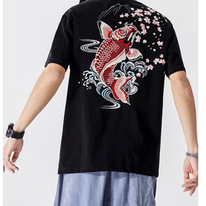 Camiseta Negra de Manga Corta para Hombre con Bordado a Mano Estilo Chino, Cuello Redondo, Corte Regular, 100% Algodón Canvas - Product Image 4