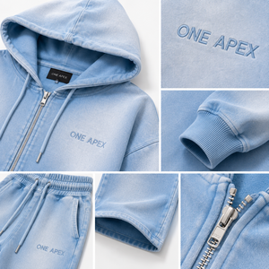 ชุดเซ็ตสตรีทแวร์ ONE APEX สำหรับผู้หญิง เสื้อฮู้ดดี้โอเวอร์ไซส์แบบซิปเต็มตัว สีฟ้าอ่อน ผ้าเฟรนช์เทอร์รี่เนื้อหนา กางเกงขายาวทรงกว้าง สีฟ้าไอซ์บลู 100% - Product Image 6